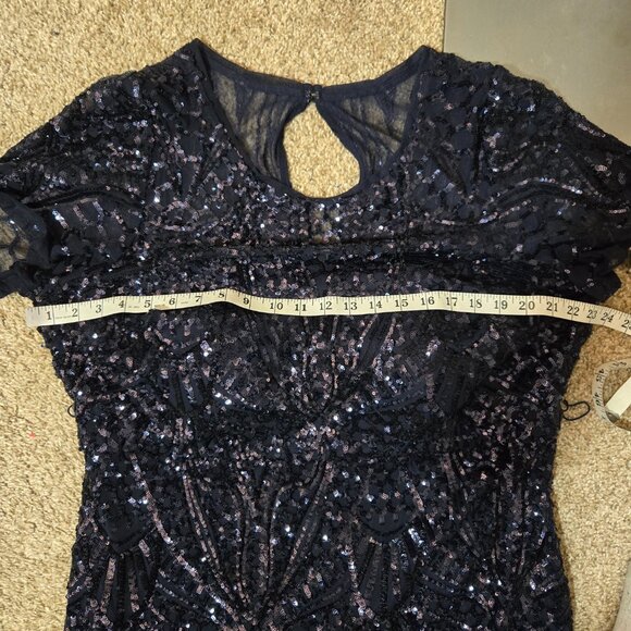 Sz 16W R&M Richards 1875 Sequined Illusion Short-Sleeve Modest A-Line Gown Navy - Picture 8 of 11